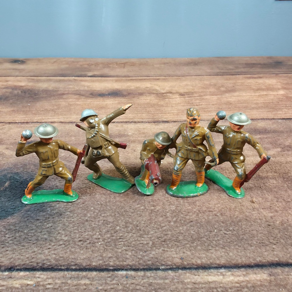 Barclay Manoil Toy Soldiers WWI Lead Figures Set of 5 Khaki Fair Dimestore Cast
